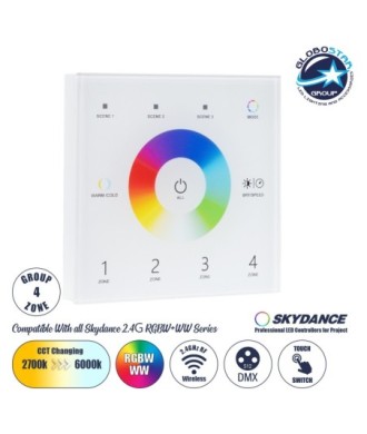 GloboStar® 73162 T15 SKYDANCE Ασύρματο DMX512 Επιτοίχιο Χειριστήριο RF 2.4Ghz 4 Group για όλα τα SKYDANCE DMX512 Controller AC 100-240V Max 0.1A - IP20 Μ8.5 x Μ8.5 x Π8.5 x Υ3.5cm - 5 Χρόνια Εγγύηση